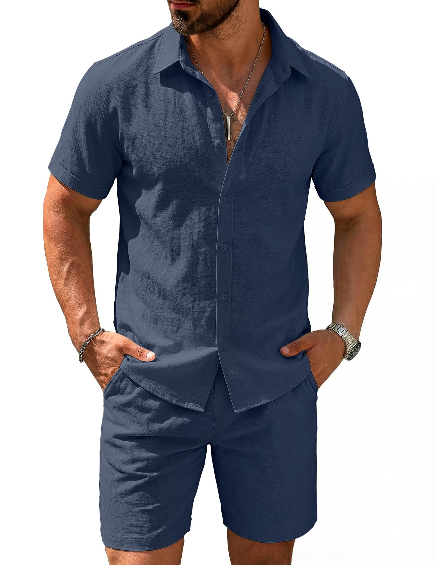COOFANDY Men's 2 Pieces Cotton Linen Set Short Sleeve Button Down Shirts Summer Beach Shorts Casual Outfits