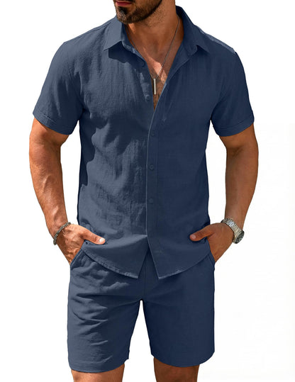 COOFANDY Men's 2 Pieces Cotton Linen Set Short Sleeve Button Down Shirts Summer Beach Shorts Casual Outfits