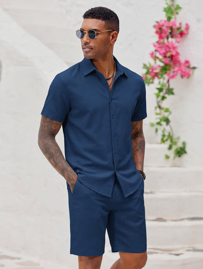 COOFANDY Men's 2 Pieces Cotton Linen Set Short Sleeve Button Down Shirts Summer Beach Shorts Casual Outfits