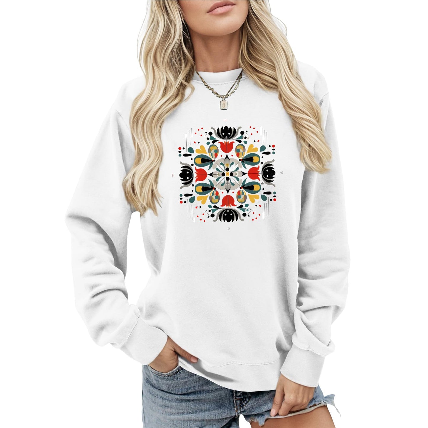 LOAIHA Womens Boho Western Skull Graphic Sweatshirt Long Sleeve Crewneck Pullover White Cotton Blend Casual Streetwear Top