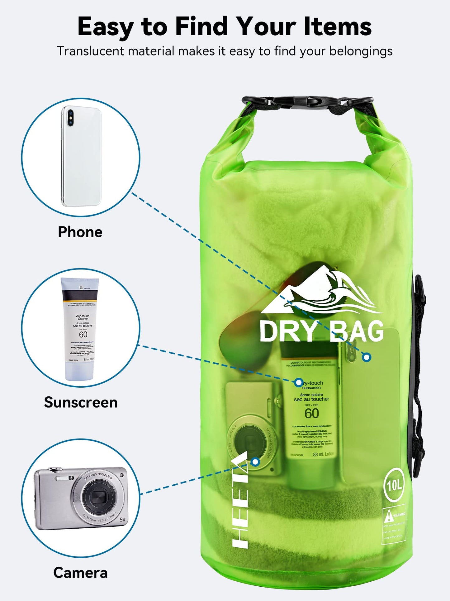HEETA Dry Bag Waterproof for Women Men, 5L/10L/20L/30L/40L Roll Top Lightweight Dry Storage Bag Backpack with Phone Case for Travel Swimming Boating Kayaking Paddle Board Camping Beach Accessories