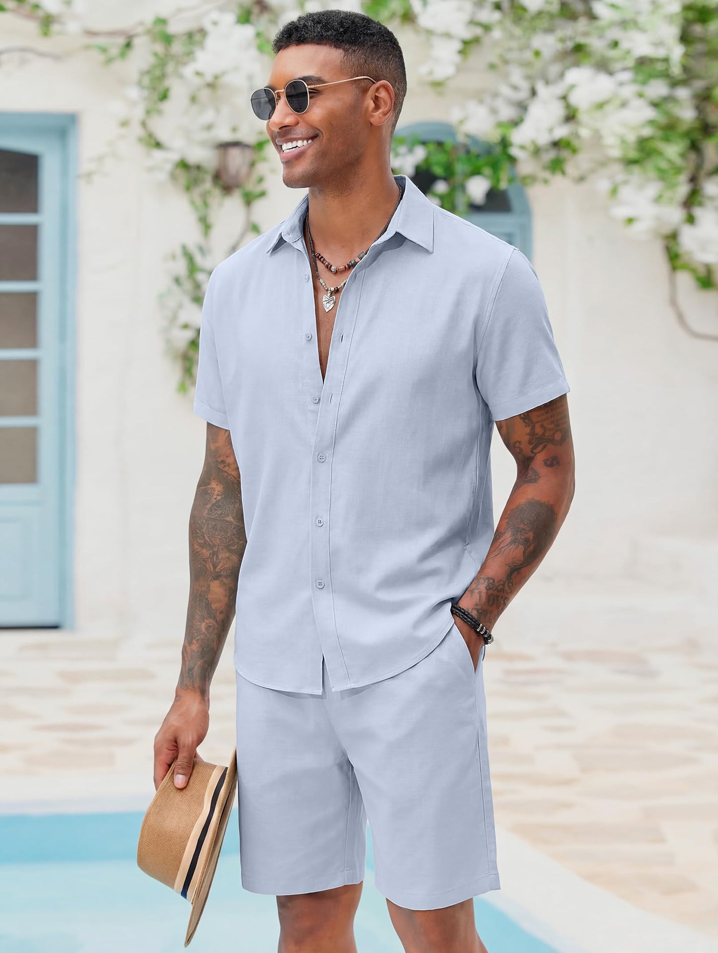 COOFANDY Men's 2 Pieces Cotton Linen Set Short Sleeve Button Down Shirts Summer Beach Shorts Casual Outfits
