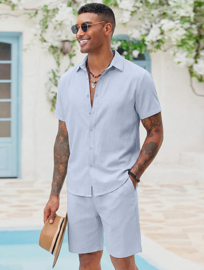 COOFANDY Men's 2 Pieces Cotton Linen Set Short Sleeve Button Down Shirts Summer Beach Shorts Casual Outfits