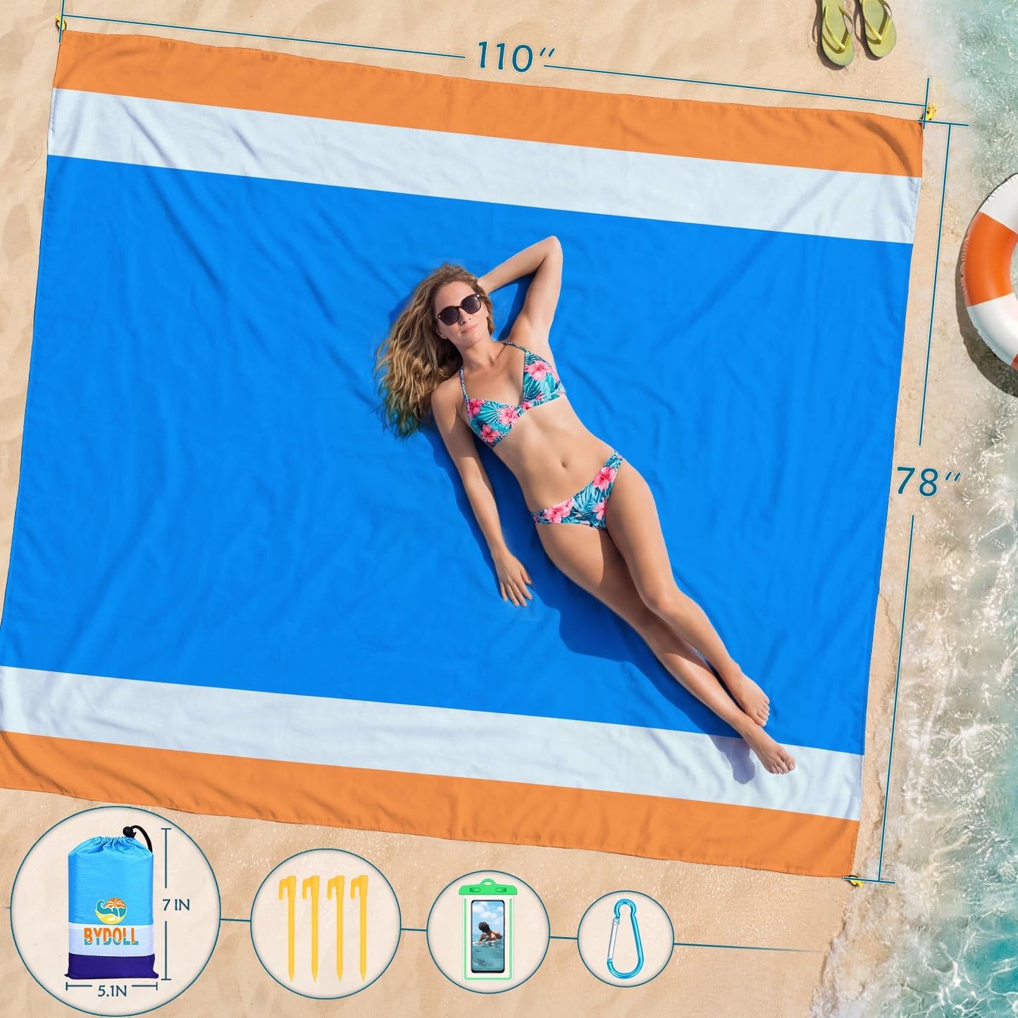 BYDOLL Beach Blanket Waterproof Sandproof Large Sand Free,78''X81''/10'X9' Oversized Sandless Lightweight Blanket Picnic Mat for Beach Travel Camping Hiking with Stakes