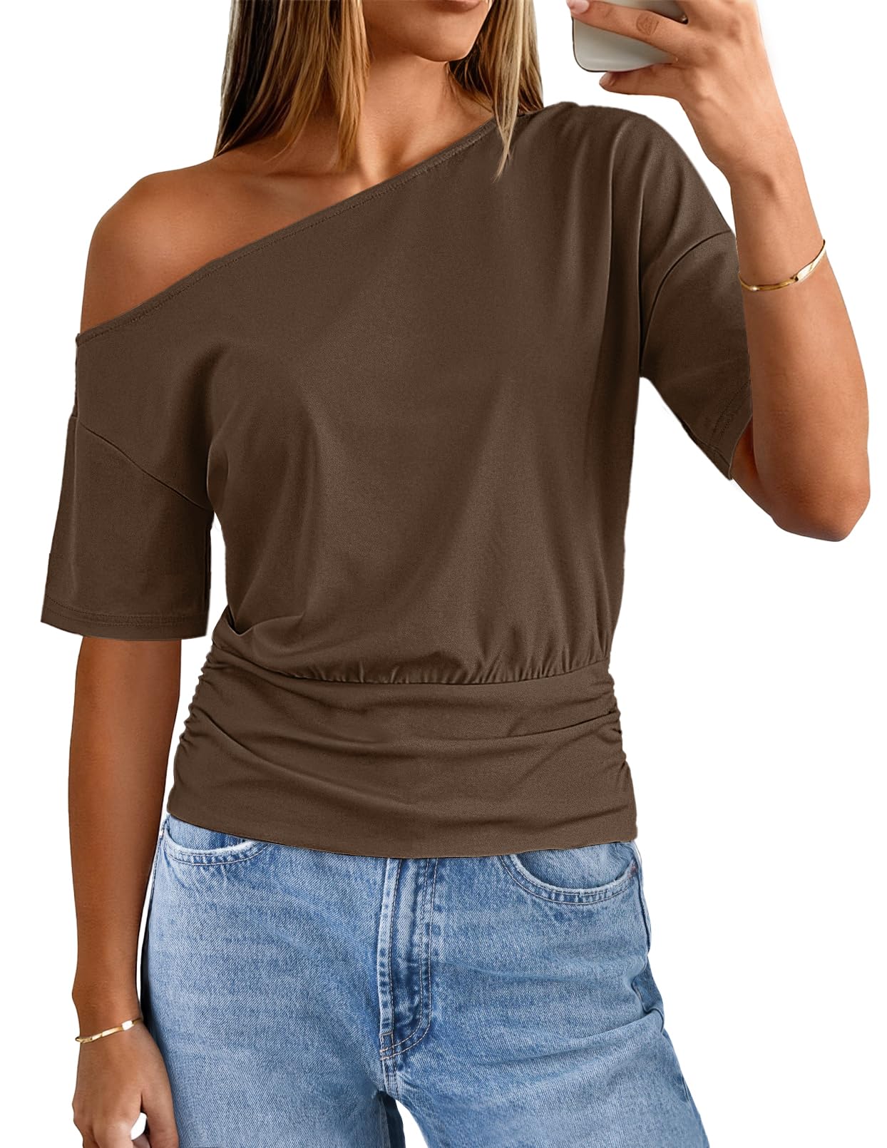 MEROKEETY Women's Off The Shoulder Short Sleeve Tops 2026 Summer Casual Going Out Trendy Y2k T Shirts