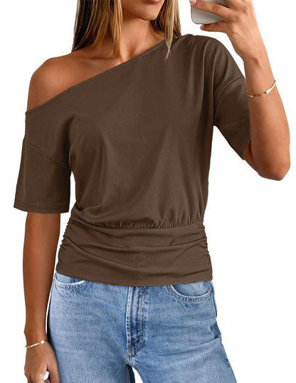 MEROKEETY Women's Off The Shoulder Short Sleeve Tops 2026 Summer Casual Going Out Trendy Y2k T Shirts