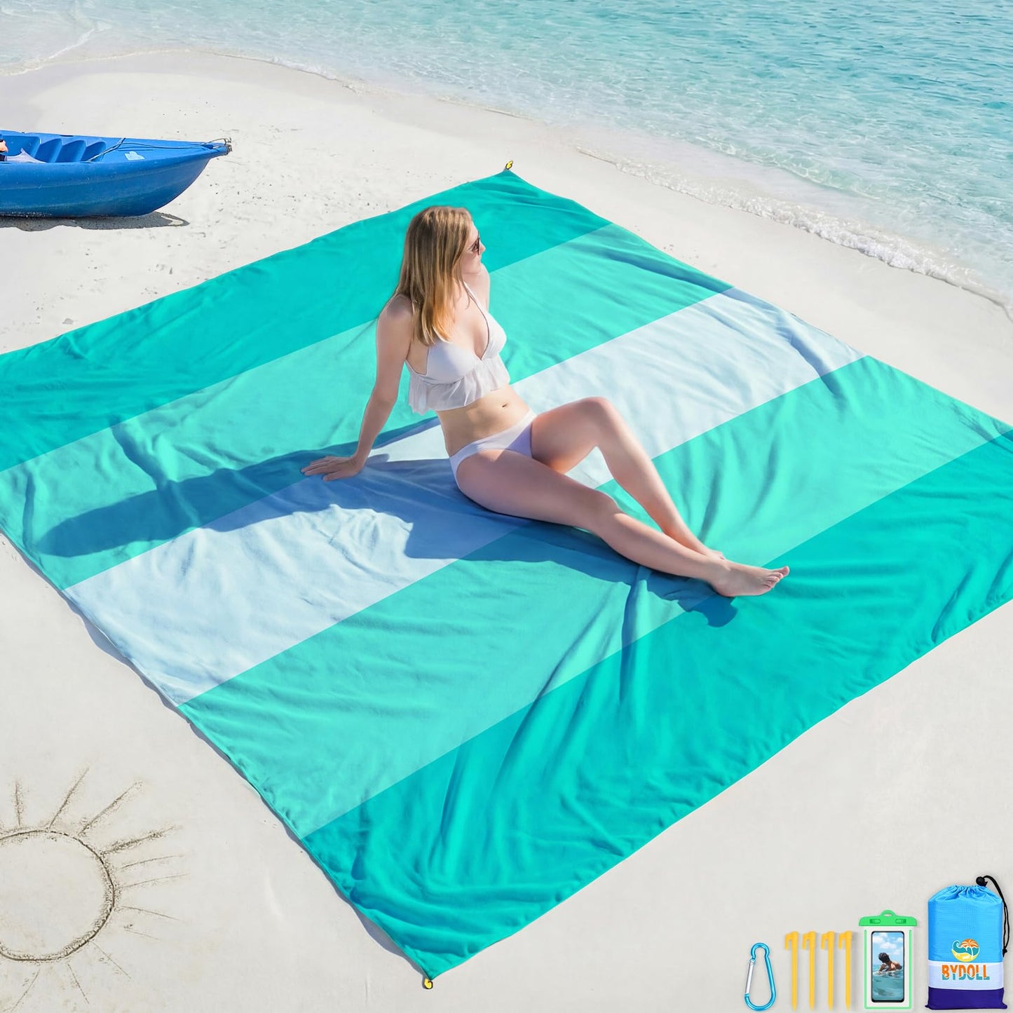 BYDOLL Beach Blanket Waterproof Sandproof Large Sand Free,78''X81''/10'X9' Oversized Sandless Lightweight Blanket Picnic Mat for Beach Travel Camping Hiking with Stakes