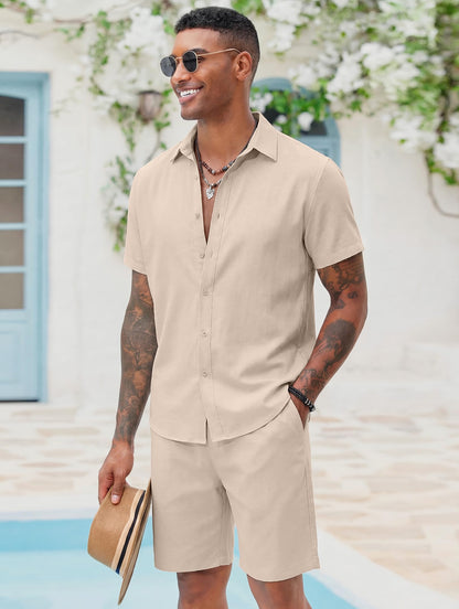 COOFANDY Men's 2 Pieces Cotton Linen Set Short Sleeve Button Down Shirts Summer Beach Shorts Casual Outfits