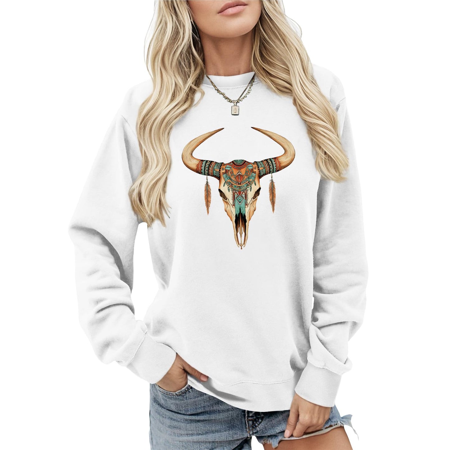 LOAIHA Womens Boho Western Skull Graphic Sweatshirt Long Sleeve Crewneck Pullover White Cotton Blend Casual Streetwear Top