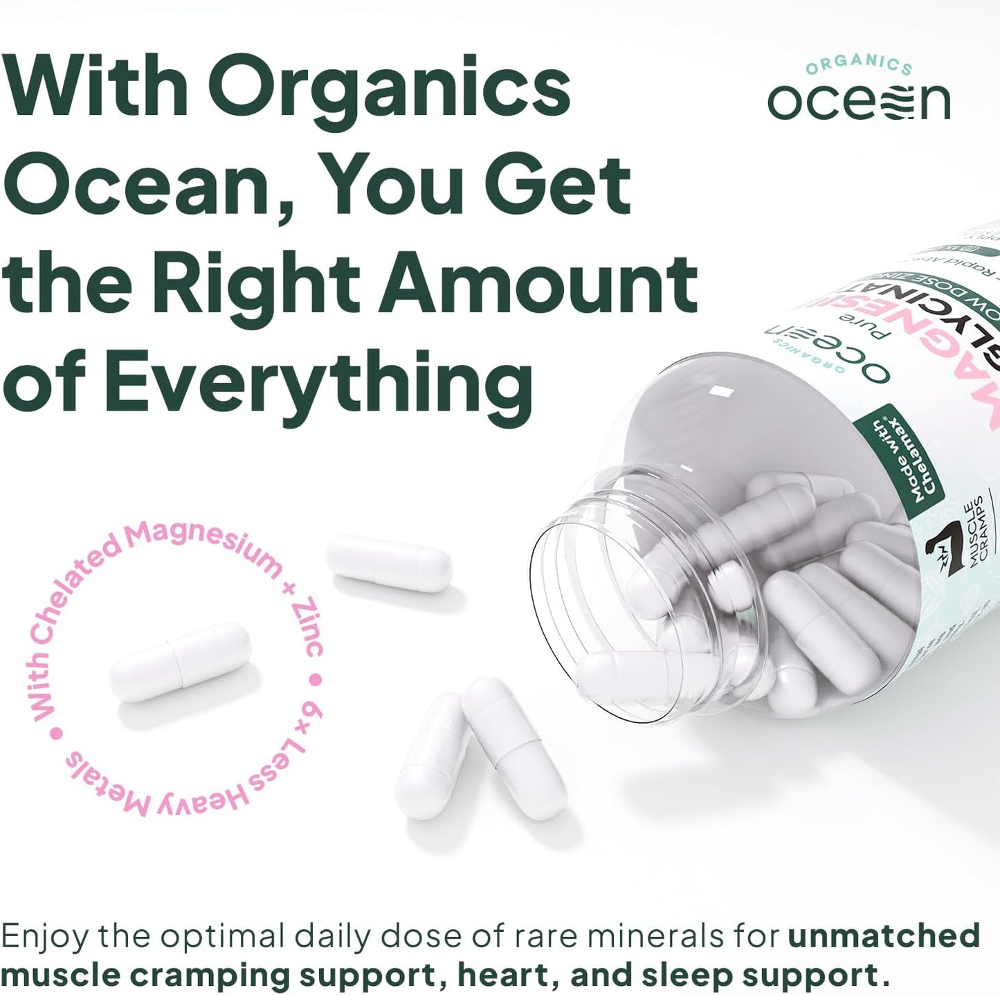 Organics Ocean Pure Magnesium Glycinate with Zinc - Maximum Strength Chelated Magnesium Supplement for Women and Men for Muscle Cramps and Sleep Support - 90 Capsule