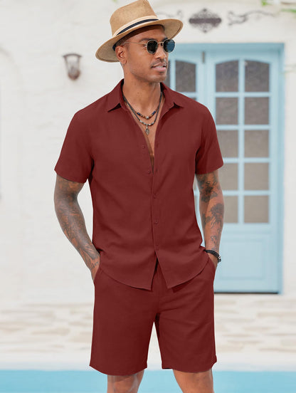 COOFANDY Men's 2 Pieces Cotton Linen Set Short Sleeve Button Down Shirts Summer Beach Shorts Casual Outfits