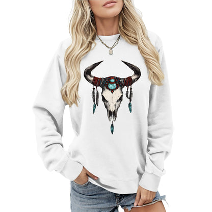 LOAIHA Womens Boho Western Skull Graphic Sweatshirt Long Sleeve Crewneck Pullover White Cotton Blend Casual Streetwear Top