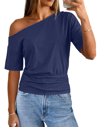 MEROKEETY Women's Off The Shoulder Short Sleeve Tops 2026 Summer Casual Going Out Trendy Y2k T Shirts