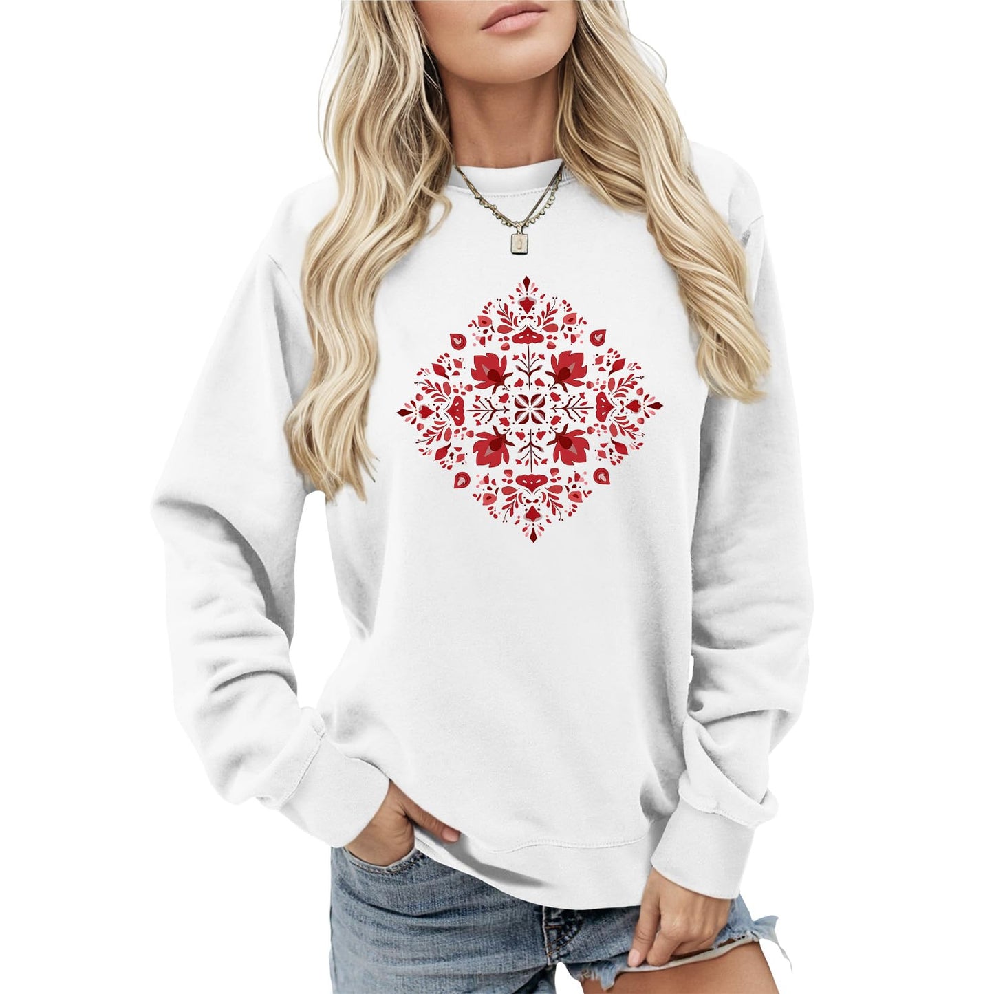 LOAIHA Womens Boho Western Skull Graphic Sweatshirt Long Sleeve Crewneck Pullover White Cotton Blend Casual Streetwear Top