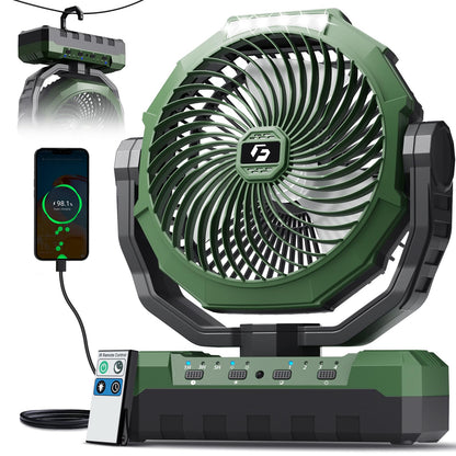 FRIZCOL 3-in-1 Camping Fan - Portable Fans Rechargeable - 24000mAh Battery Powered Fan with Light & Remote for Indoor, Outdoor, Tent, Travel, Fishing, Jobsite, Gifts for Men Dad Him - Green