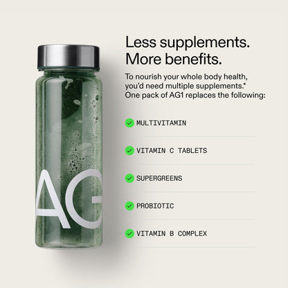 AG1 Greens Powder Supplement | Improve Gut Health | Multivitamin, Probiotic, Gluten Free, Vegan and Keto Friendly | Shaker & Scoop Included | 75 Vitamins (Athletic Greens), Classic Formula