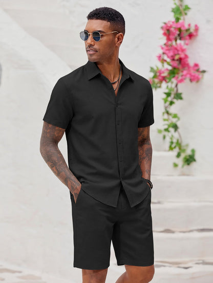 COOFANDY Men's 2 Pieces Cotton Linen Set Short Sleeve Button Down Shirts Summer Beach Shorts Casual Outfits