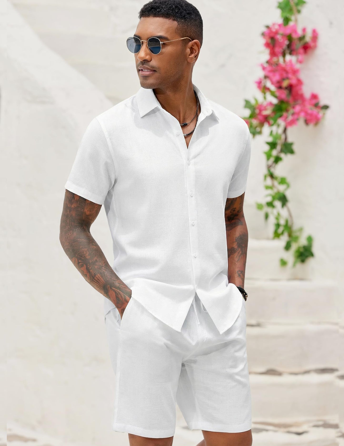 COOFANDY Men's 2 Pieces Cotton Linen Set Short Sleeve Button Down Shirts Summer Beach Shorts Casual Outfits
