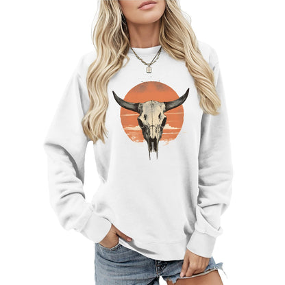 LOAIHA Womens Boho Western Skull Graphic Sweatshirt Long Sleeve Crewneck Pullover White Cotton Blend Casual Streetwear Top