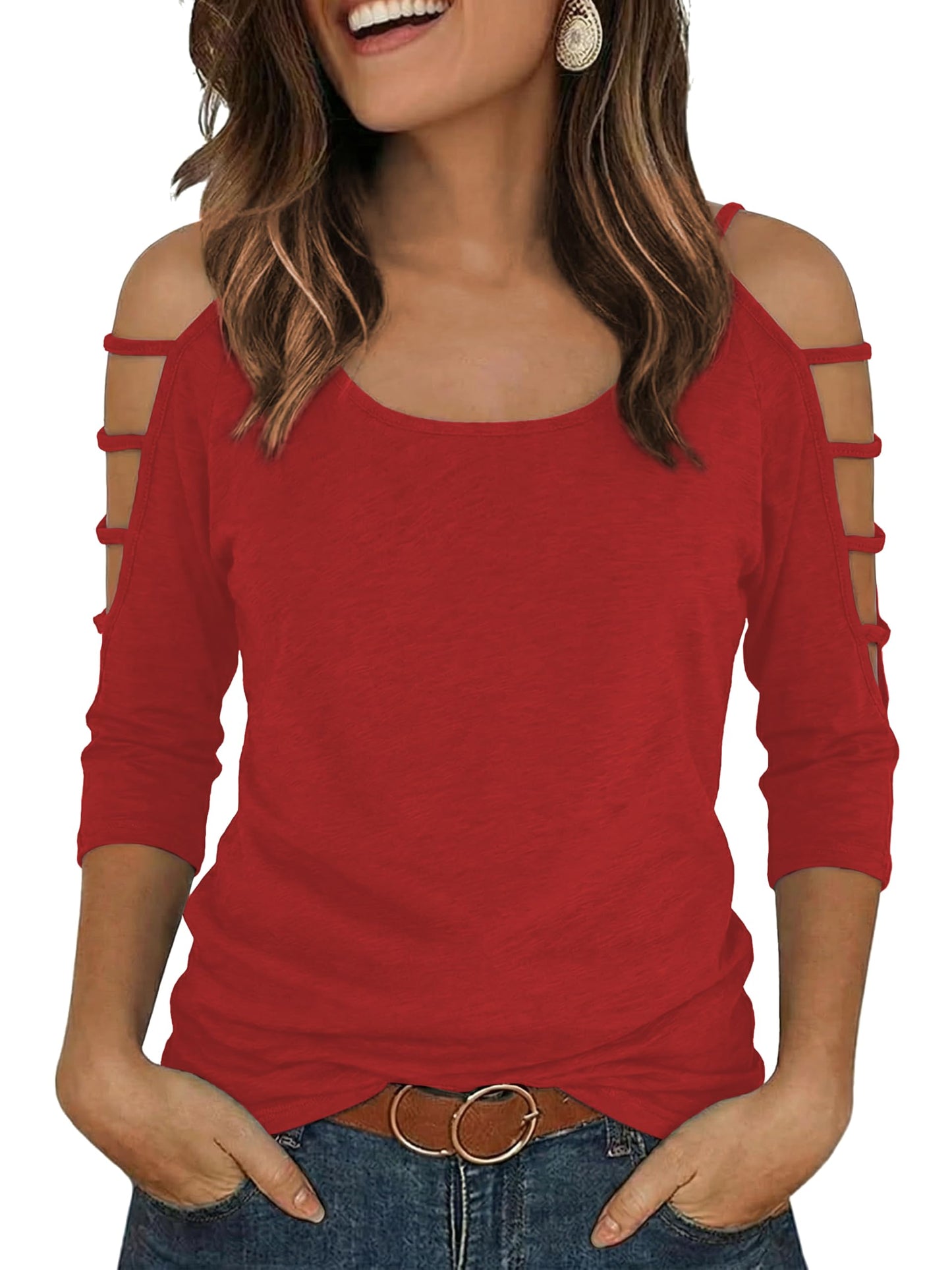 Jar of Love Women's Cold Shoulder Tops 3/4 Sleeve Sexy Going Out T-Shirts for Women Casual Tunic Tops