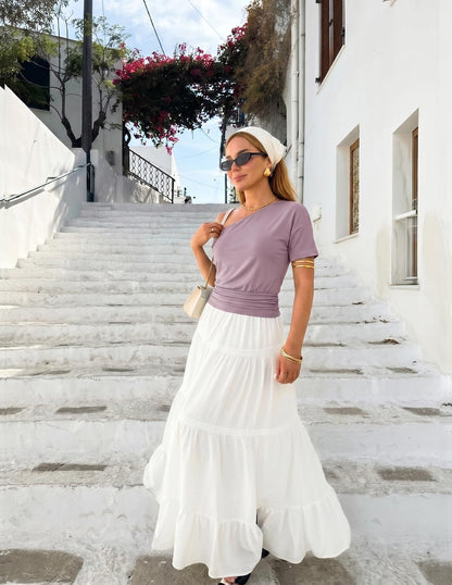 MEROKEETY Women's Off The Shoulder Short Sleeve Tops 2026 Summer Casual Going Out Trendy Y2k T Shirts