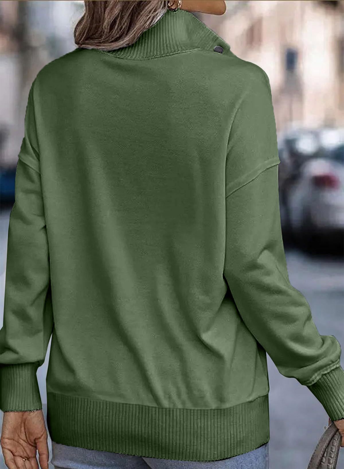 SHEWIN Women's Casual Long Sleeve Stand Neck Sweatshirt Lightweight Button Drawstring Pullover Tops