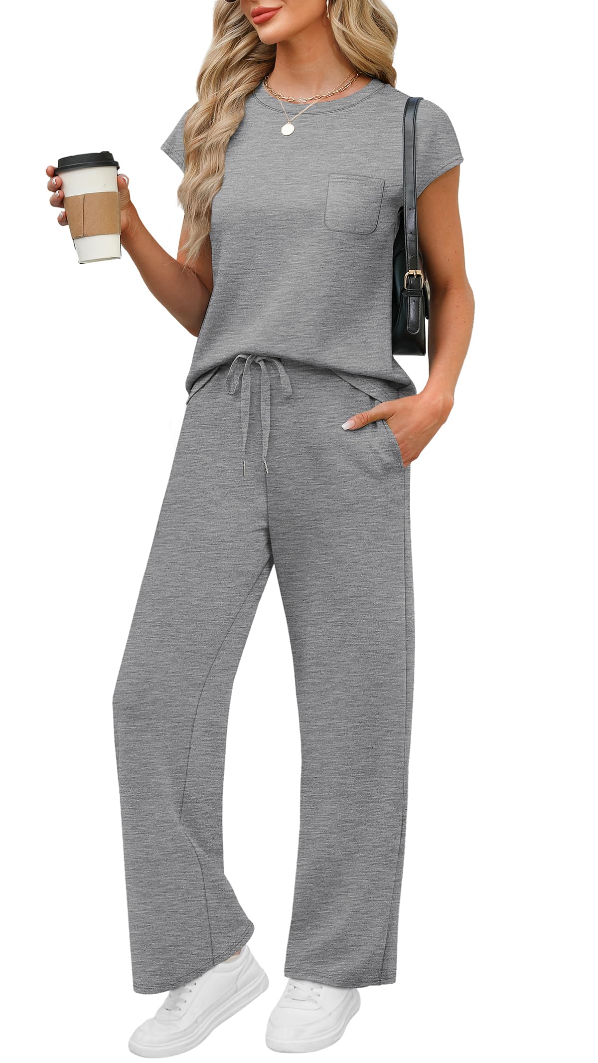 WIHOLL 2 Piece Sets for Women Casual Summer Travel Vacation Outfits Cap Sleeve Lounge Set