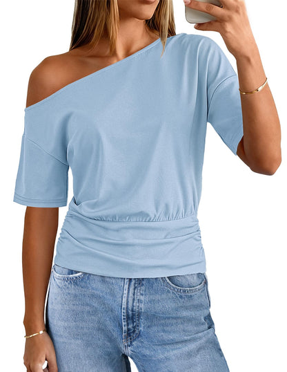 MEROKEETY Women's Off The Shoulder Short Sleeve Tops 2026 Summer Casual Going Out Trendy Y2k T Shirts