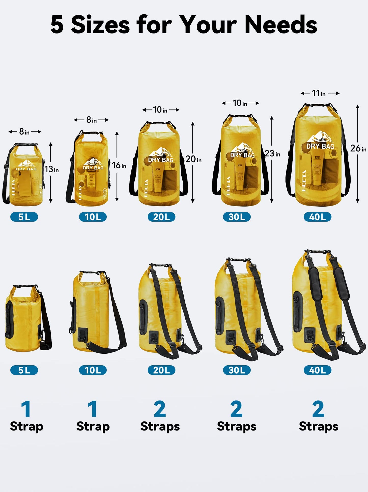 HEETA Dry Bag Waterproof for Women Men, 5L/10L/20L/30L/40L Roll Top Lightweight Dry Storage Bag Backpack with Phone Case for Travel Swimming Boating Kayaking Paddle Board Camping Beach Accessories