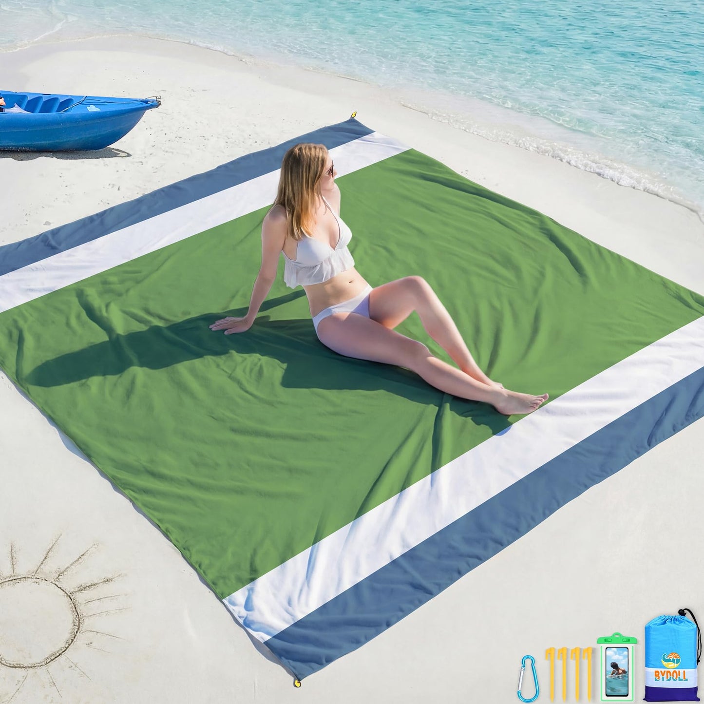 BYDOLL Beach Blanket Waterproof Sandproof Large Sand Free,78''X81''/10'X9' Oversized Sandless Lightweight Blanket Picnic Mat for Beach Travel Camping Hiking with Stakes
