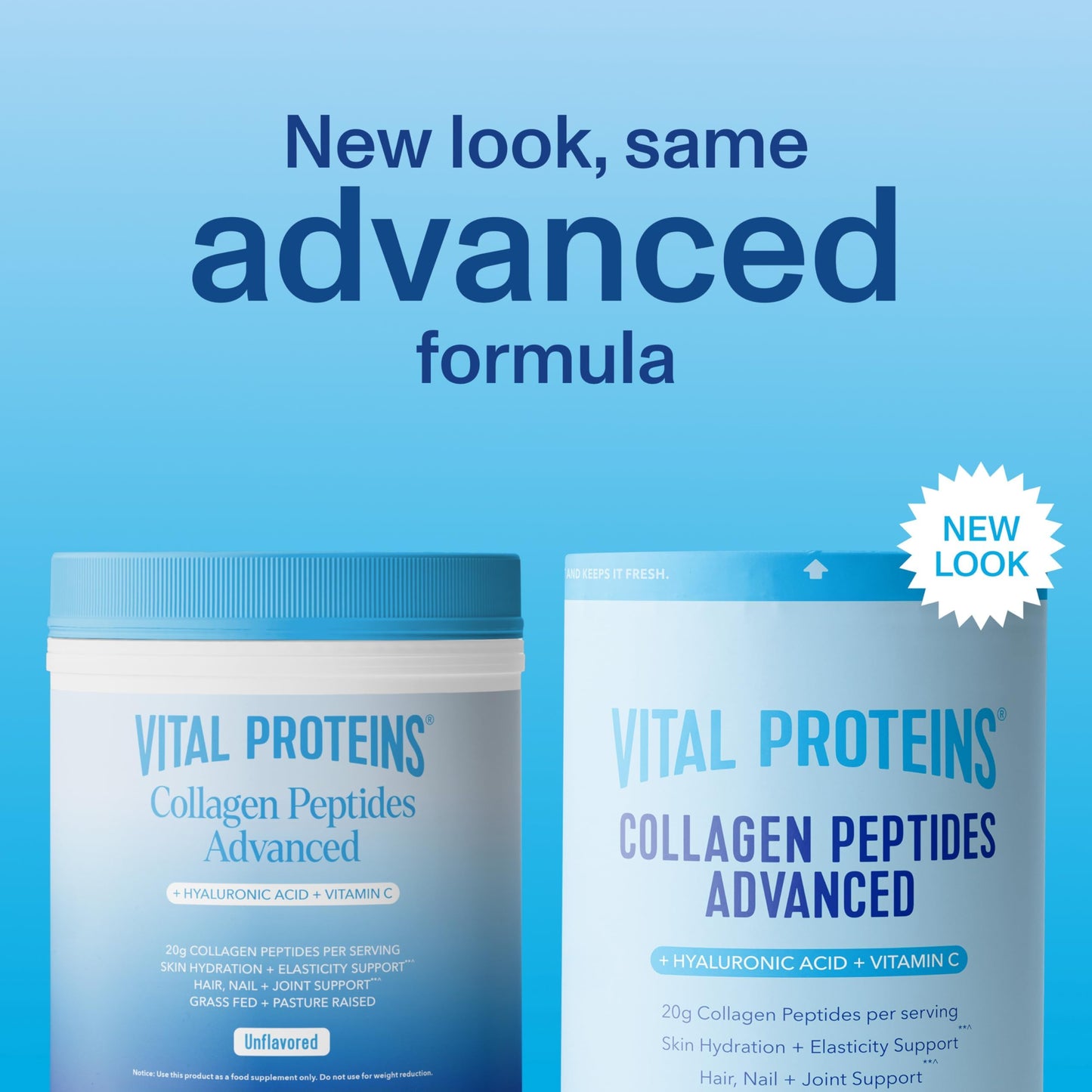 Vital Proteins Collagen Peptides Powder Advanced with Hyaluronic Acid & Vitamin C, 20oz Collagen Protein, Unflavored, 27 Servings