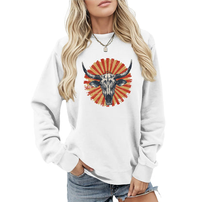 LOAIHA Womens Boho Western Skull Graphic Sweatshirt Long Sleeve Crewneck Pullover White Cotton Blend Casual Streetwear Top