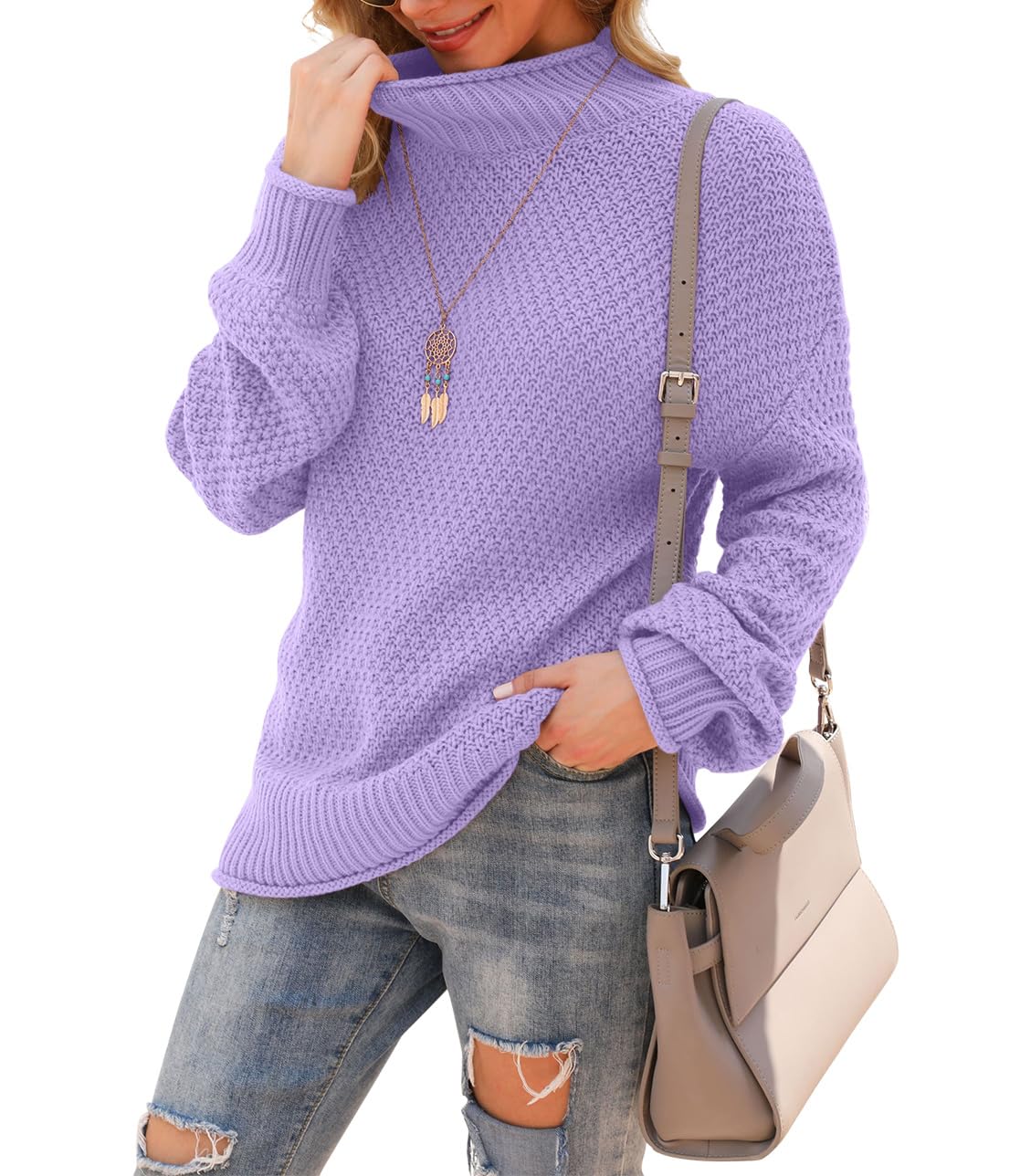 Jouica Women's Turtleneck Oversized Sweaters Batwing Long Sleeve Pullover Loose Chunky Knit Jumper
