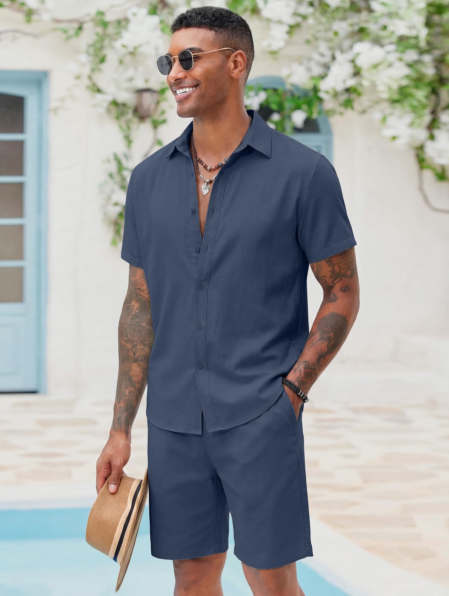 COOFANDY Men's 2 Pieces Cotton Linen Set Short Sleeve Button Down Shirts Summer Beach Shorts Casual Outfits