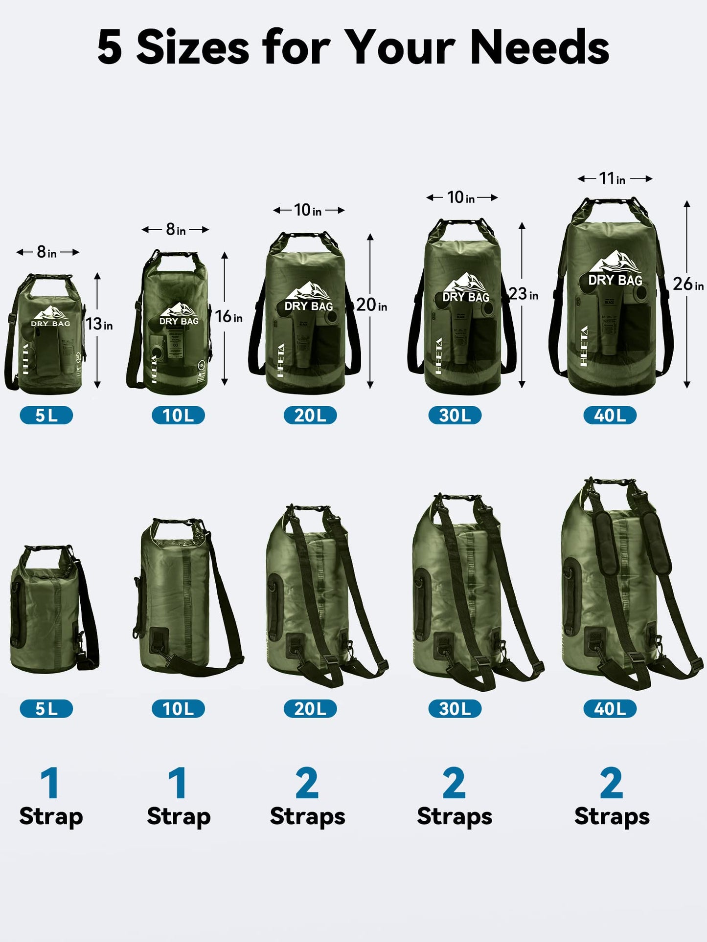 HEETA Dry Bag Waterproof for Women Men, 5L/10L/20L/30L/40L Roll Top Lightweight Dry Storage Bag Backpack with Phone Case for Travel Swimming Boating Kayaking Paddle Board Camping Beach Accessories