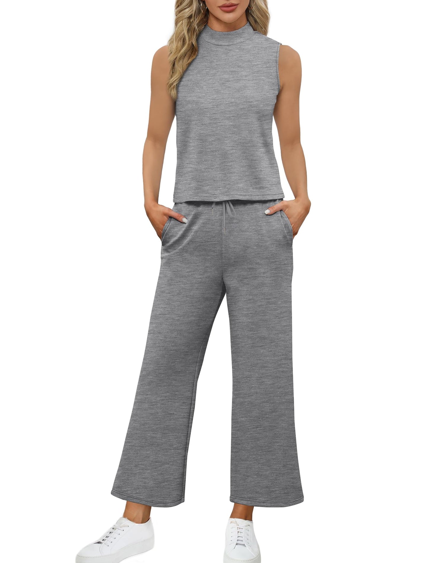 SAMPEEL Two Piece Sets for Women Summer Outfits Lounge Sets Mock Neck Tops Wide Leg Crop Pants Vacation Travel Outfits