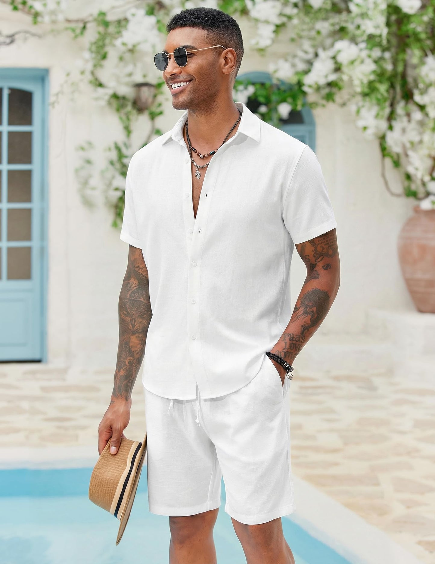 COOFANDY Men's 2 Pieces Cotton Linen Set Short Sleeve Button Down Shirts Summer Beach Shorts Casual Outfits