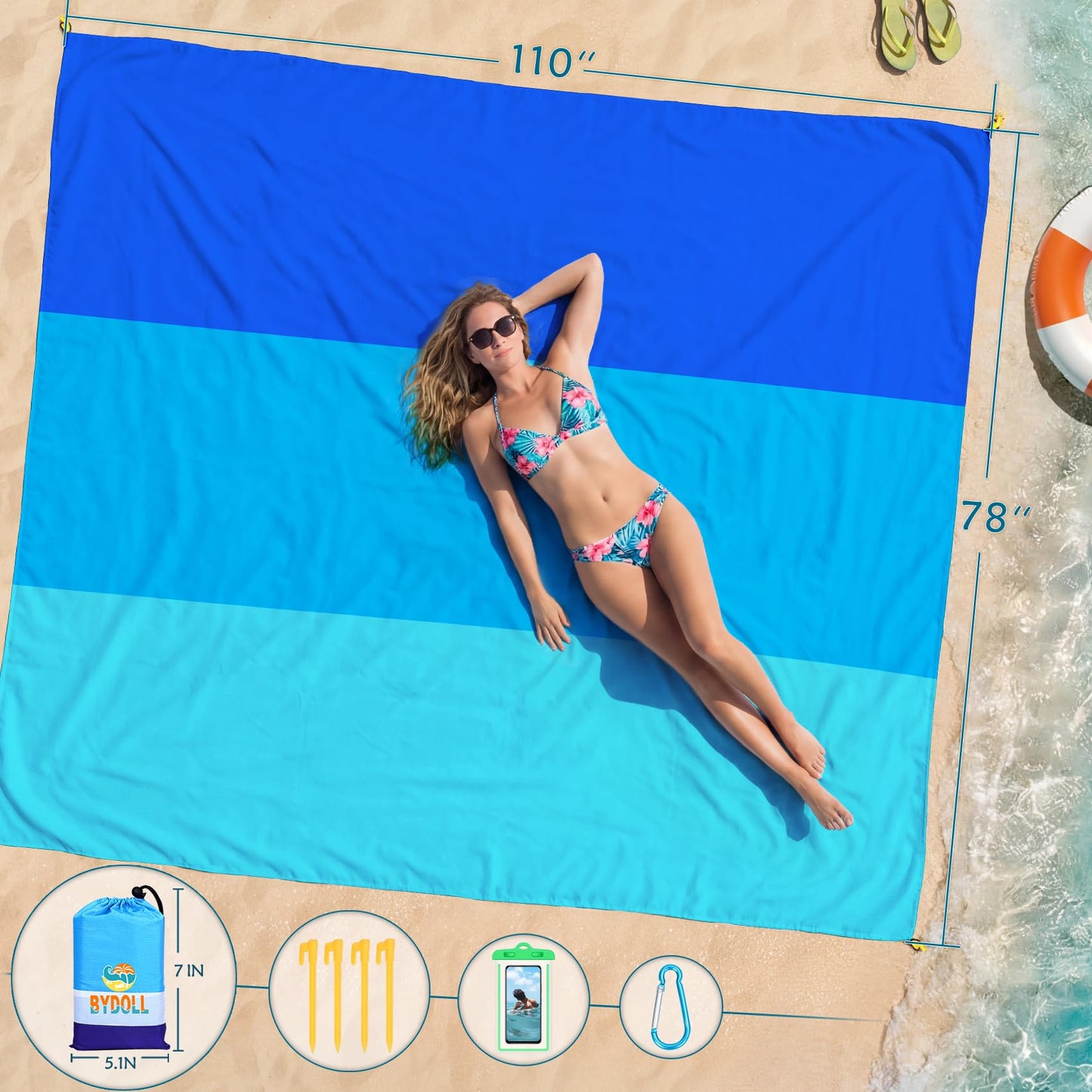 BYDOLL Beach Blanket Waterproof Sandproof Large Sand Free,78''X81''/10'X9' Oversized Sandless Lightweight Blanket Picnic Mat for Beach Travel Camping Hiking with Stakes