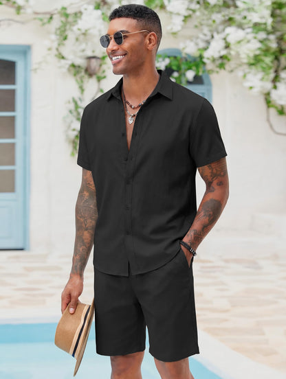 COOFANDY Men's 2 Pieces Cotton Linen Set Short Sleeve Button Down Shirts Summer Beach Shorts Casual Outfits