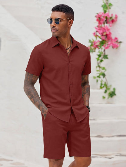 COOFANDY Men's 2 Pieces Cotton Linen Set Short Sleeve Button Down Shirts Summer Beach Shorts Casual Outfits