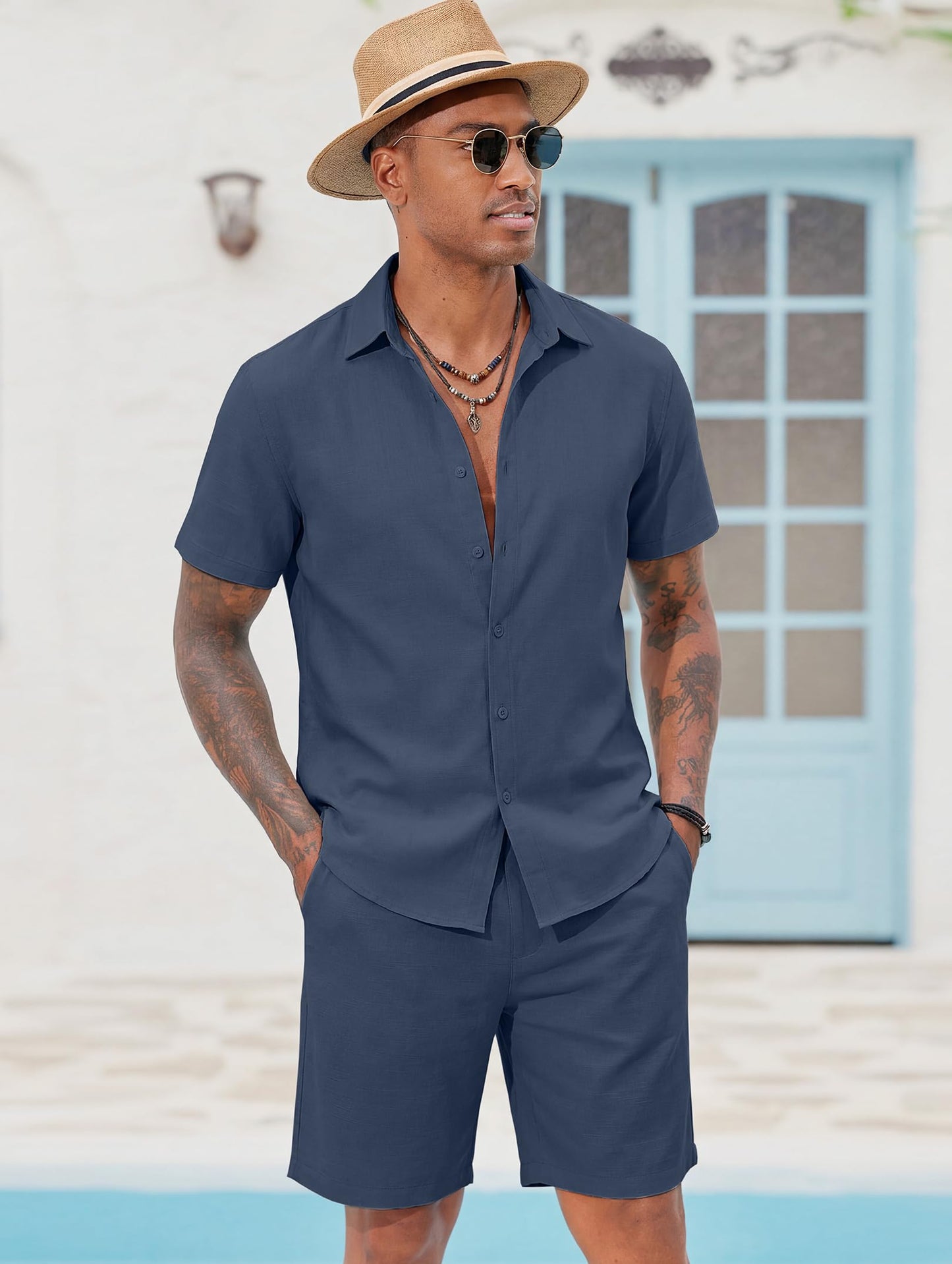 COOFANDY Men's 2 Pieces Cotton Linen Set Short Sleeve Button Down Shirts Summer Beach Shorts Casual Outfits