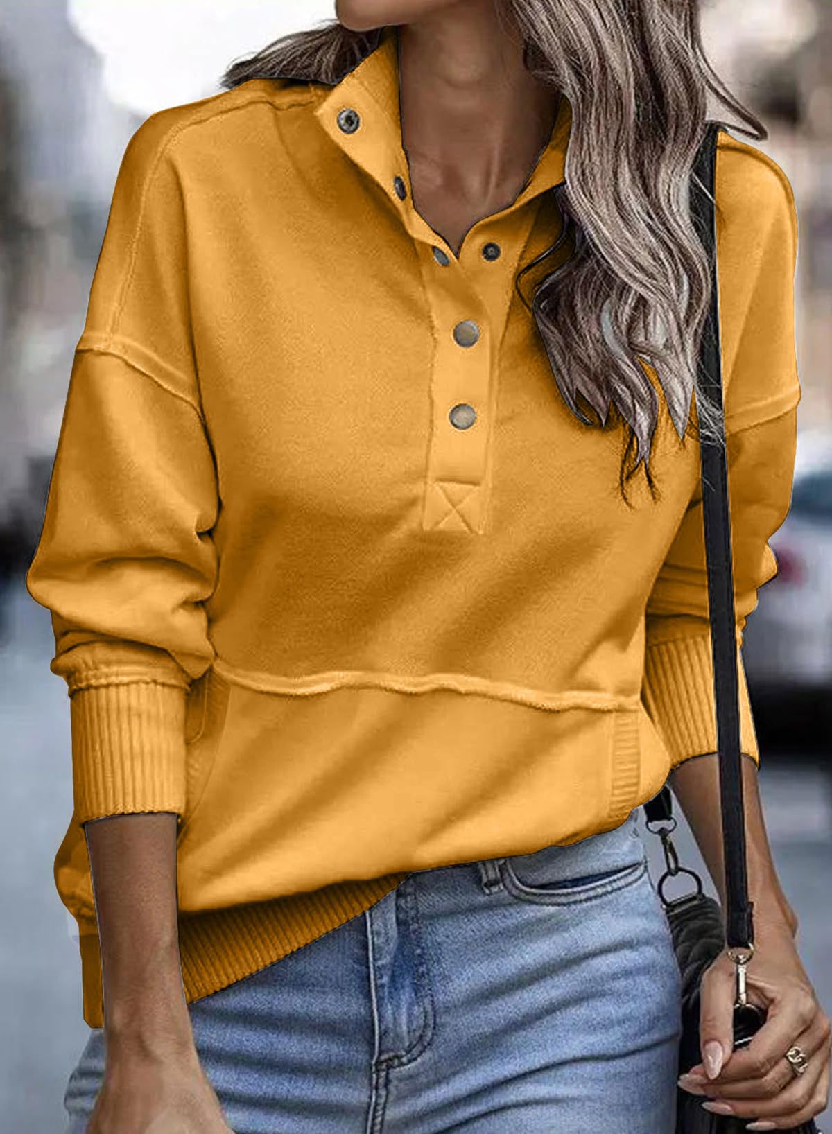 SHEWIN Women's Casual Long Sleeve Stand Neck Sweatshirt Lightweight Button Drawstring Pullover Tops