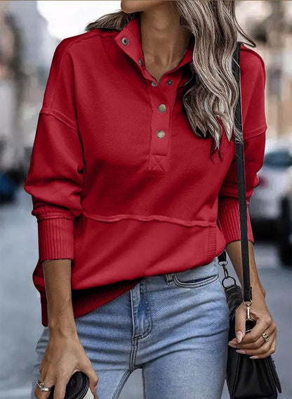 SHEWIN Women's Casual Long Sleeve Stand Neck Sweatshirt Lightweight Button Drawstring Pullover Tops
