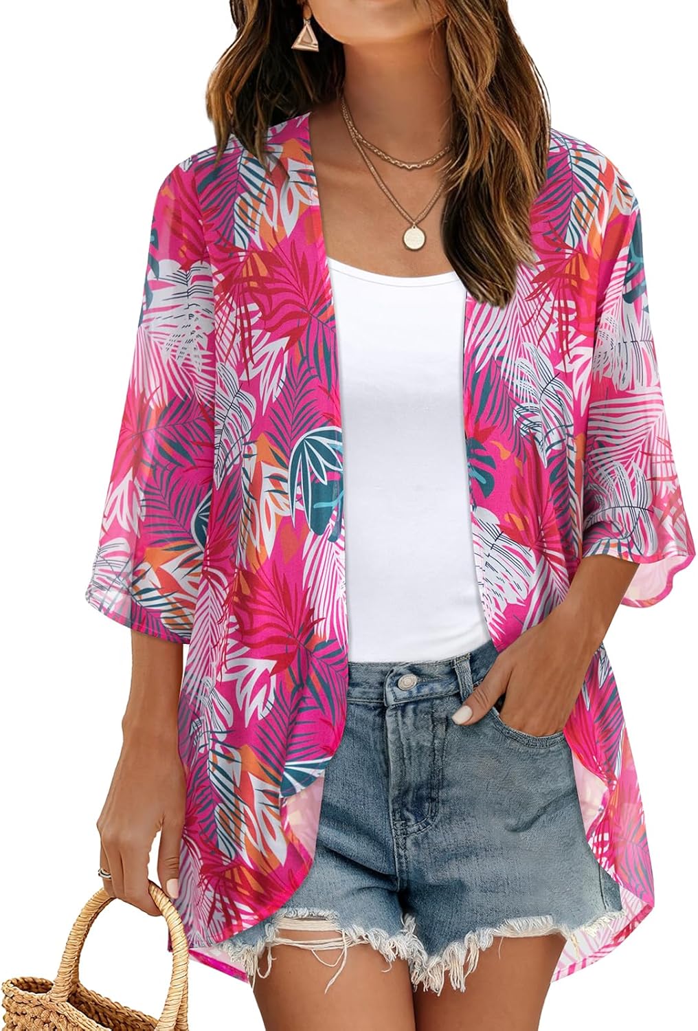 Women's Floral Print Puff Sleeve Kimono Cardigan Loose Cover Up Casual Blouse Tops 2026