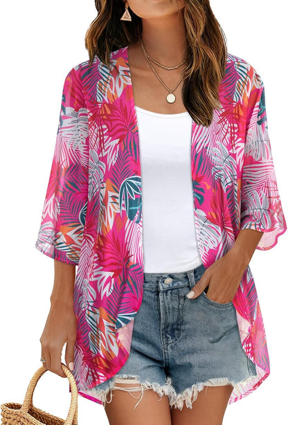 Women's Floral Print Puff Sleeve Kimono Cardigan Loose Cover Up Casual Blouse Tops 2026
