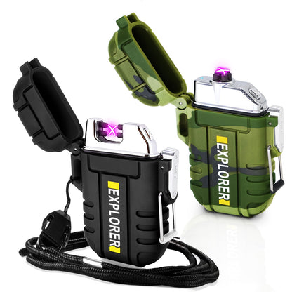 2 Pack Waterproof Lighter Outdoor Windproof Torch Lighters Dual Arc Butane Electric Lighters USB Rechargeable Lighters Flameless Plasma Lighter Camping Hiking Adventure Survival Tactical Gear