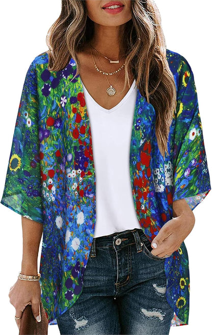 Women's Floral Print Puff Sleeve Kimono Cardigan Loose Cover Up Casual Blouse Tops 2026