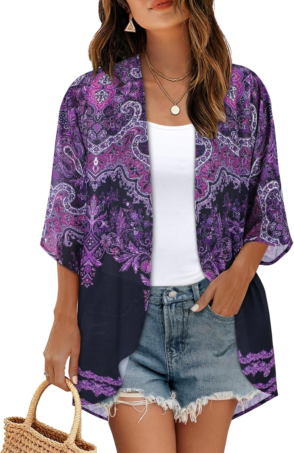 Women's Floral Print Puff Sleeve Kimono Cardigan Loose Cover Up Casual Blouse Tops 2026