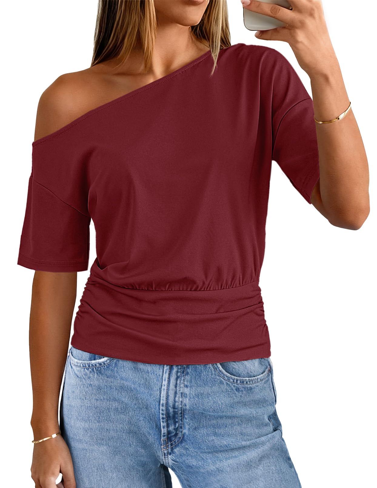 MEROKEETY Women's Off The Shoulder Short Sleeve Tops 2026 Summer Casual Going Out Trendy Y2k T Shirts