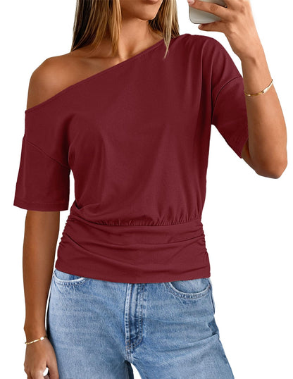 MEROKEETY Women's Off The Shoulder Short Sleeve Tops 2026 Summer Casual Going Out Trendy Y2k T Shirts
